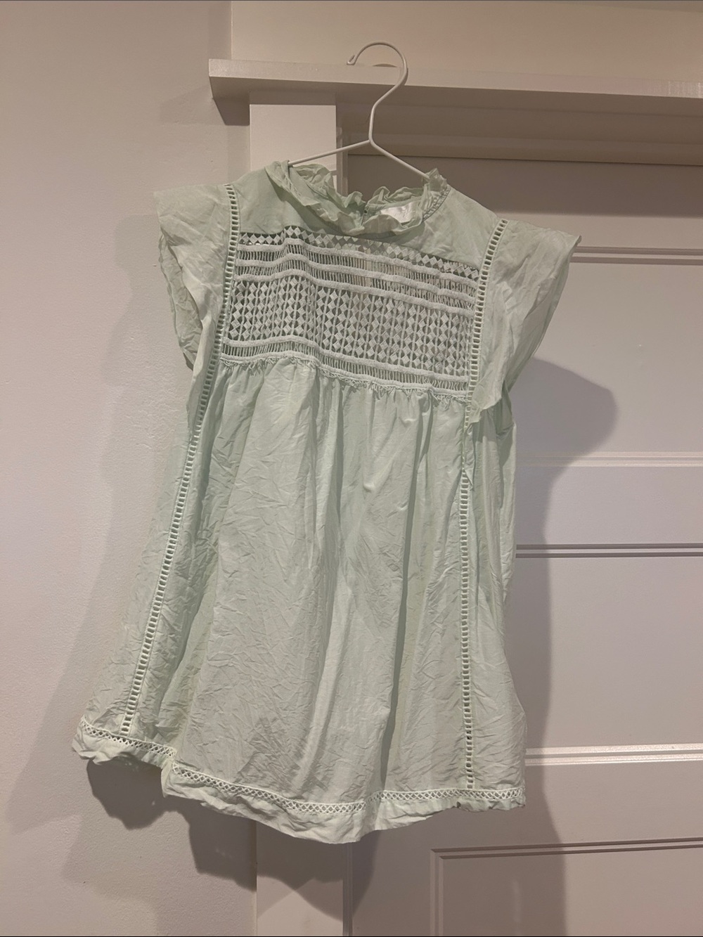 7 For All Mankind Light Mint Crochet-Yoke Cap-Sleeve Top